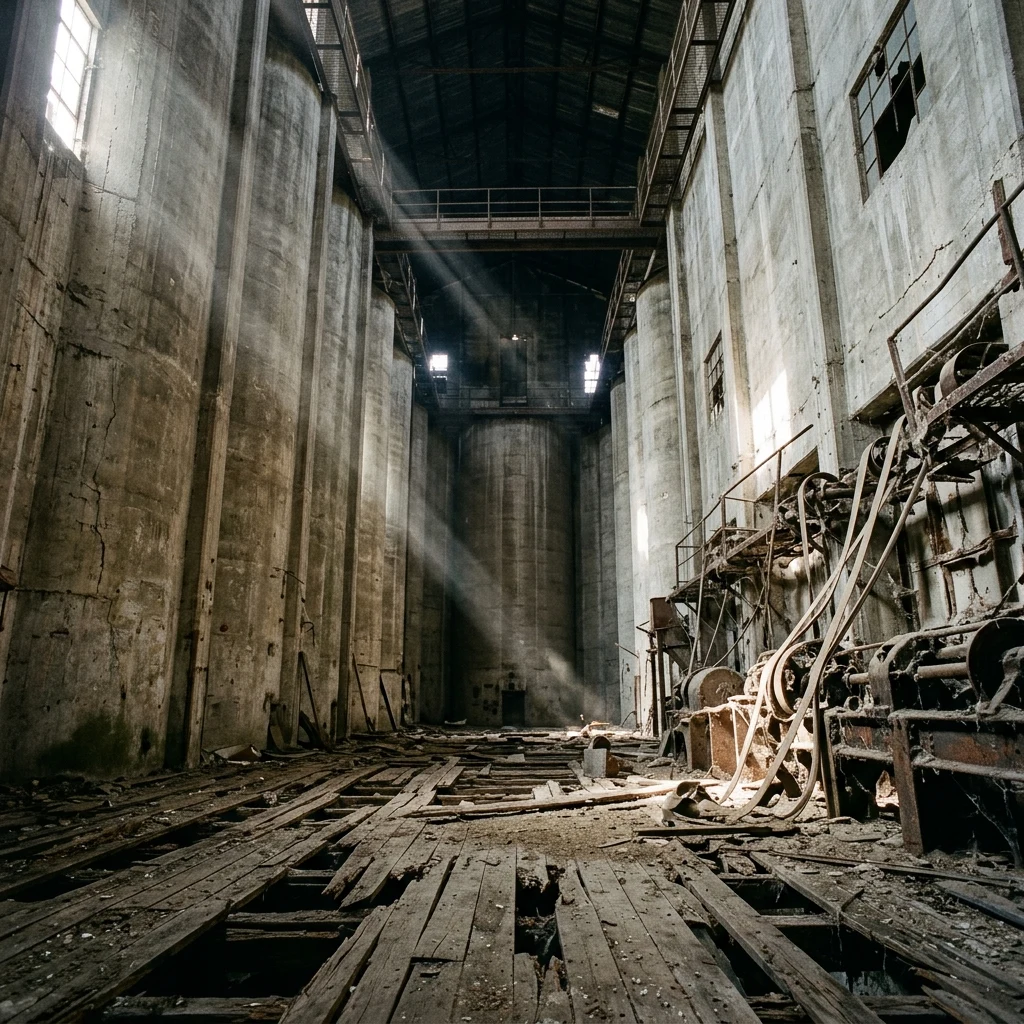 An empty silomill interior with rotting floorboards