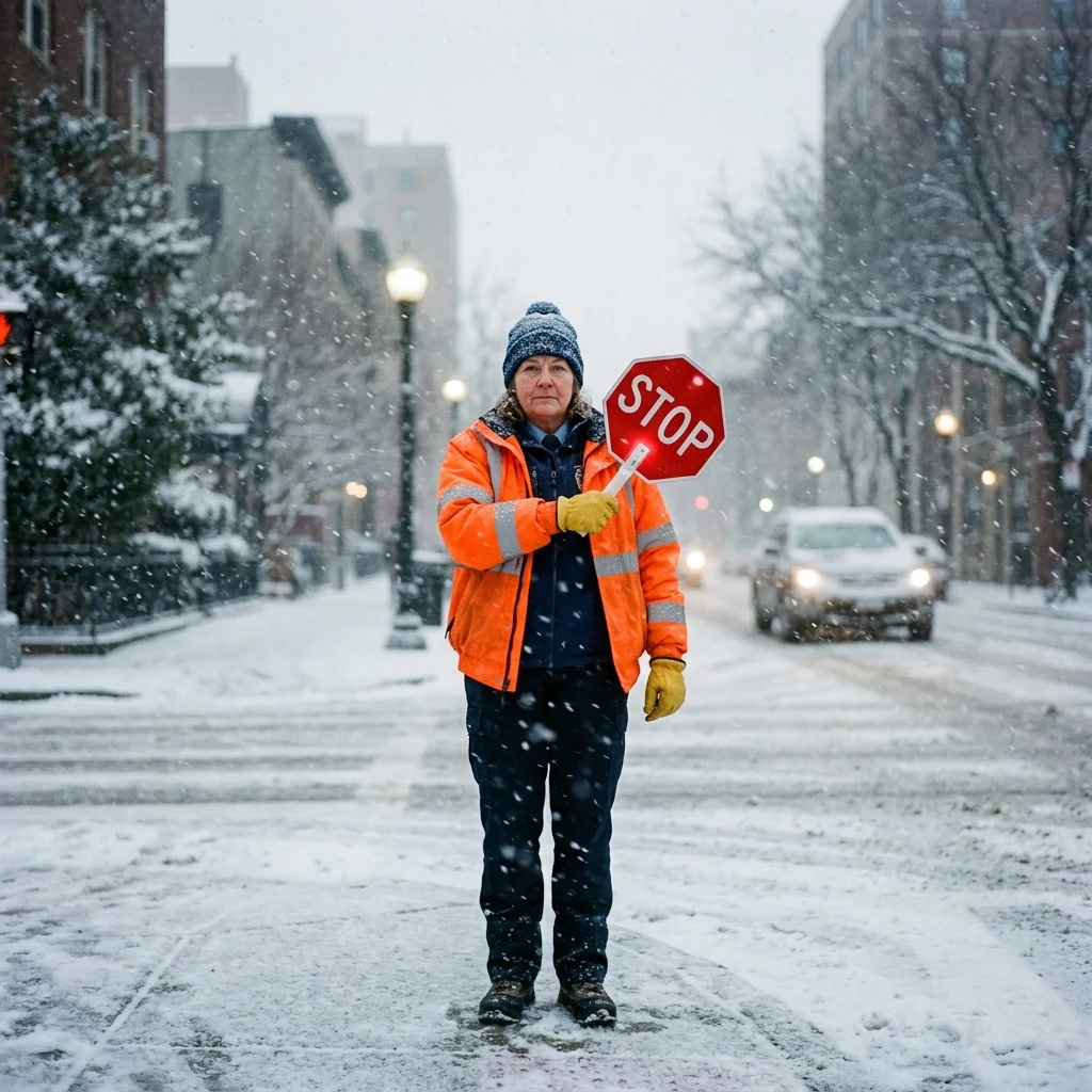 A school crossing guard in high-visibility gear standing in blowing snow