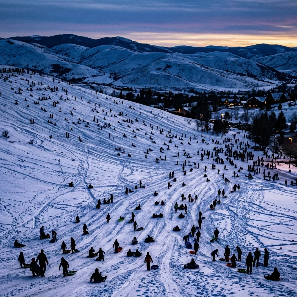 Winter evening on a crowded sledding hill