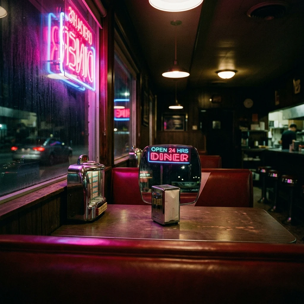 A retro diner booth at 2 a.m. with a mini countertop jukebox