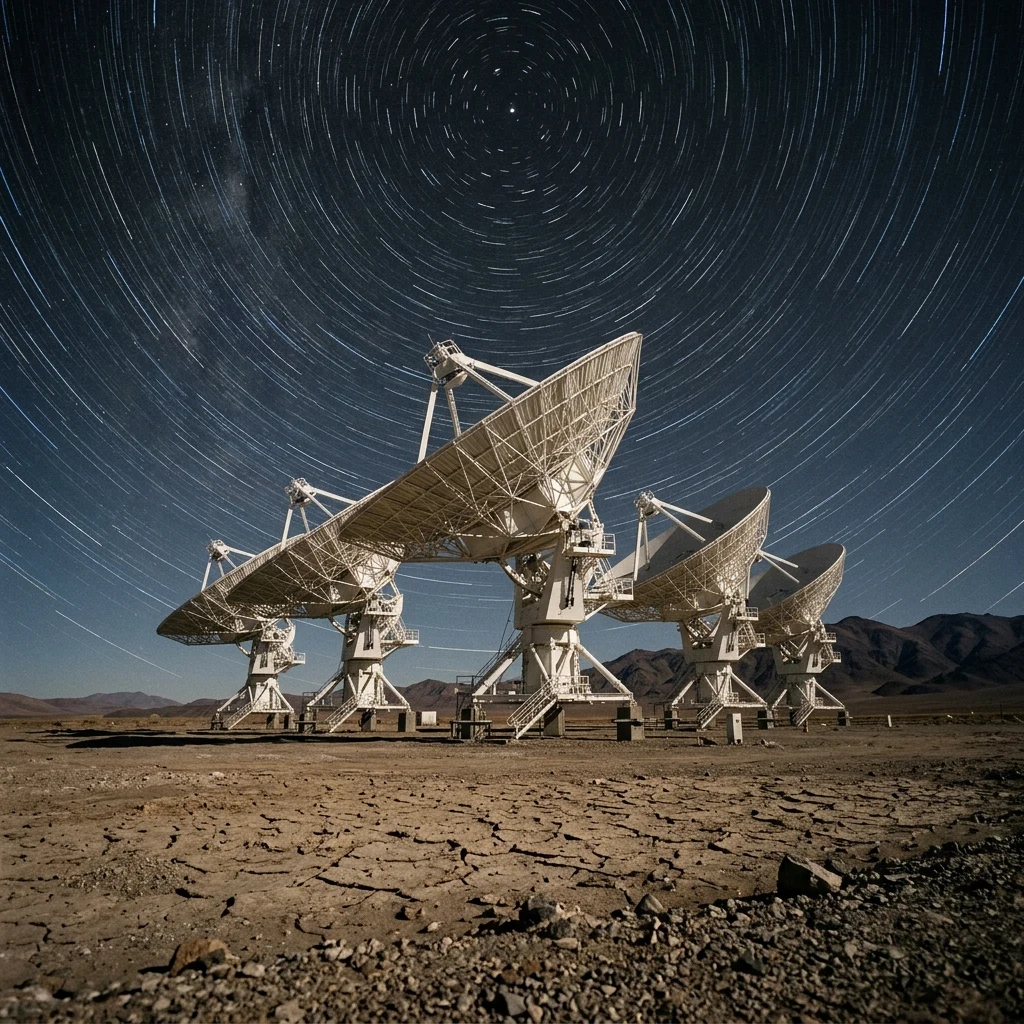A colossal parabolic satellite dish array standing in an arid desert basin