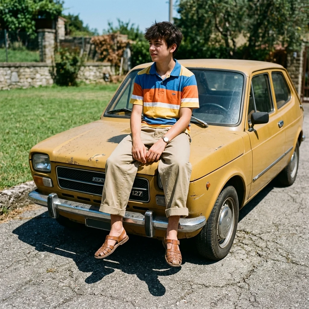 A teenage boy in a color-blocked striped polo shirt
