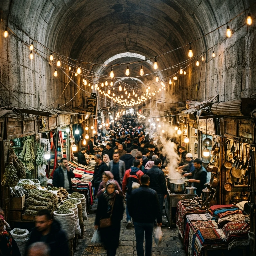 Bustling underground market with glowing lights