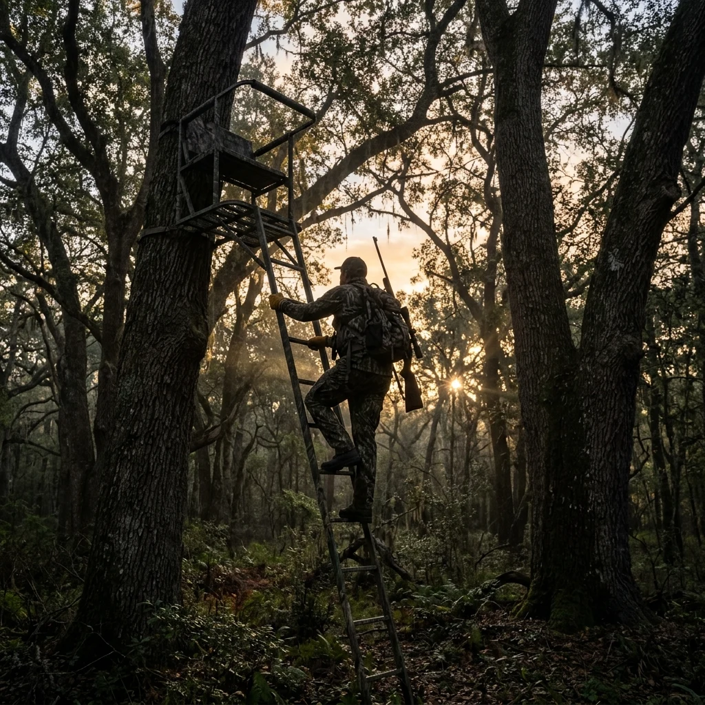 Hunter waiting in a tree at dawn