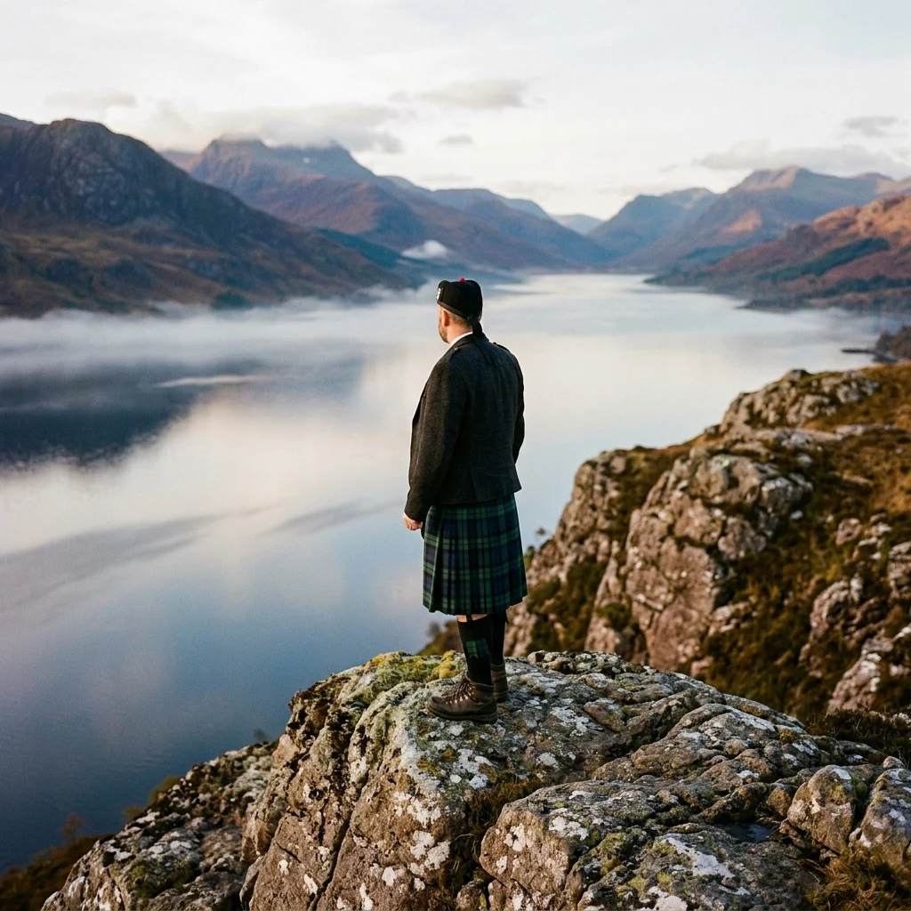 Highlander looking over a misty mountain lake