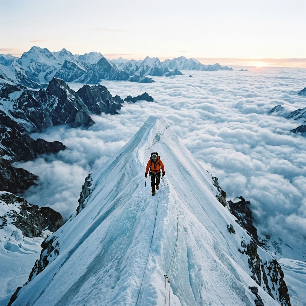 A mountaineer traversing a knife-edge ice ridge in the Aethelgard Peaks
