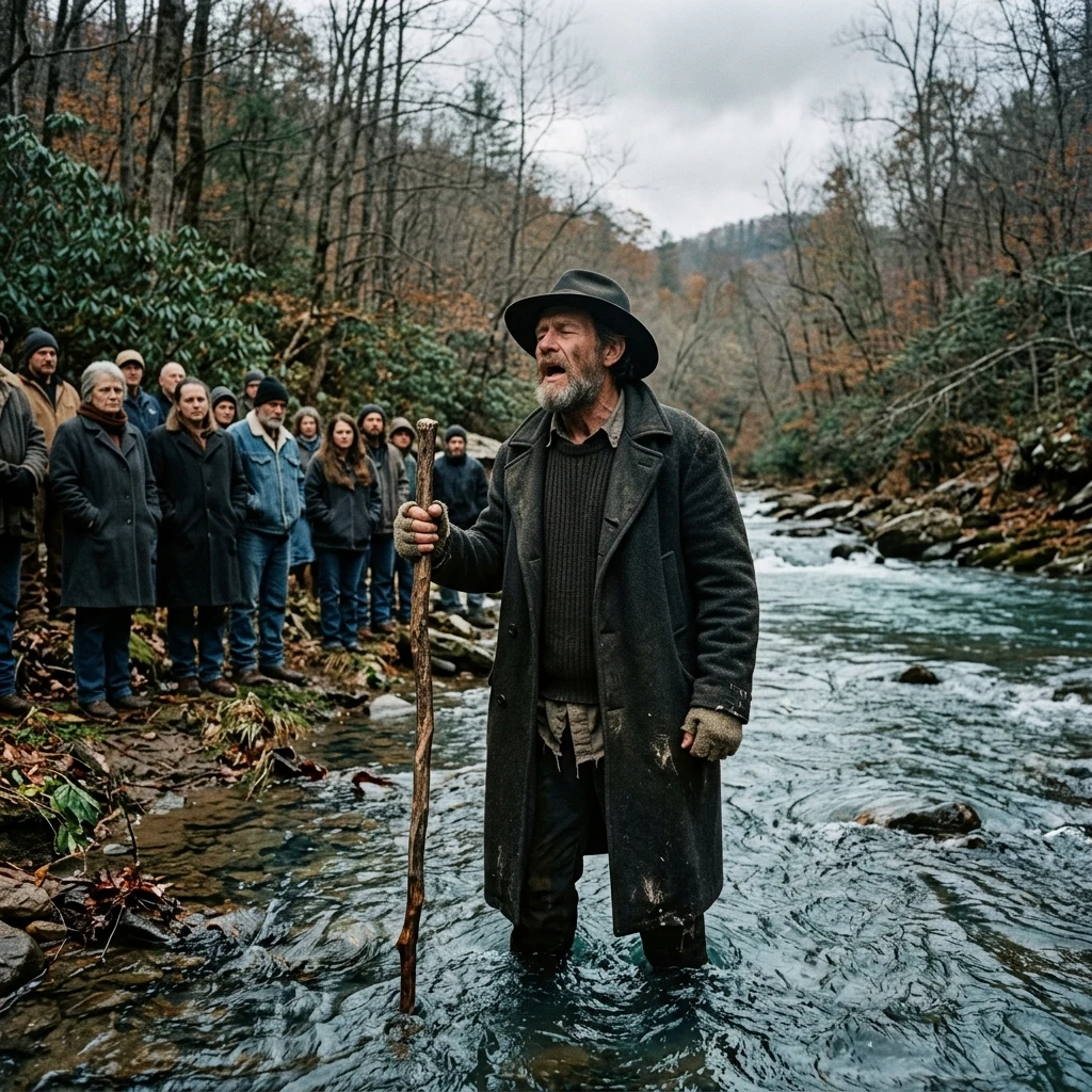 A backcountry Appalachian revivalist preacher holding a wooden staff beside a cold…