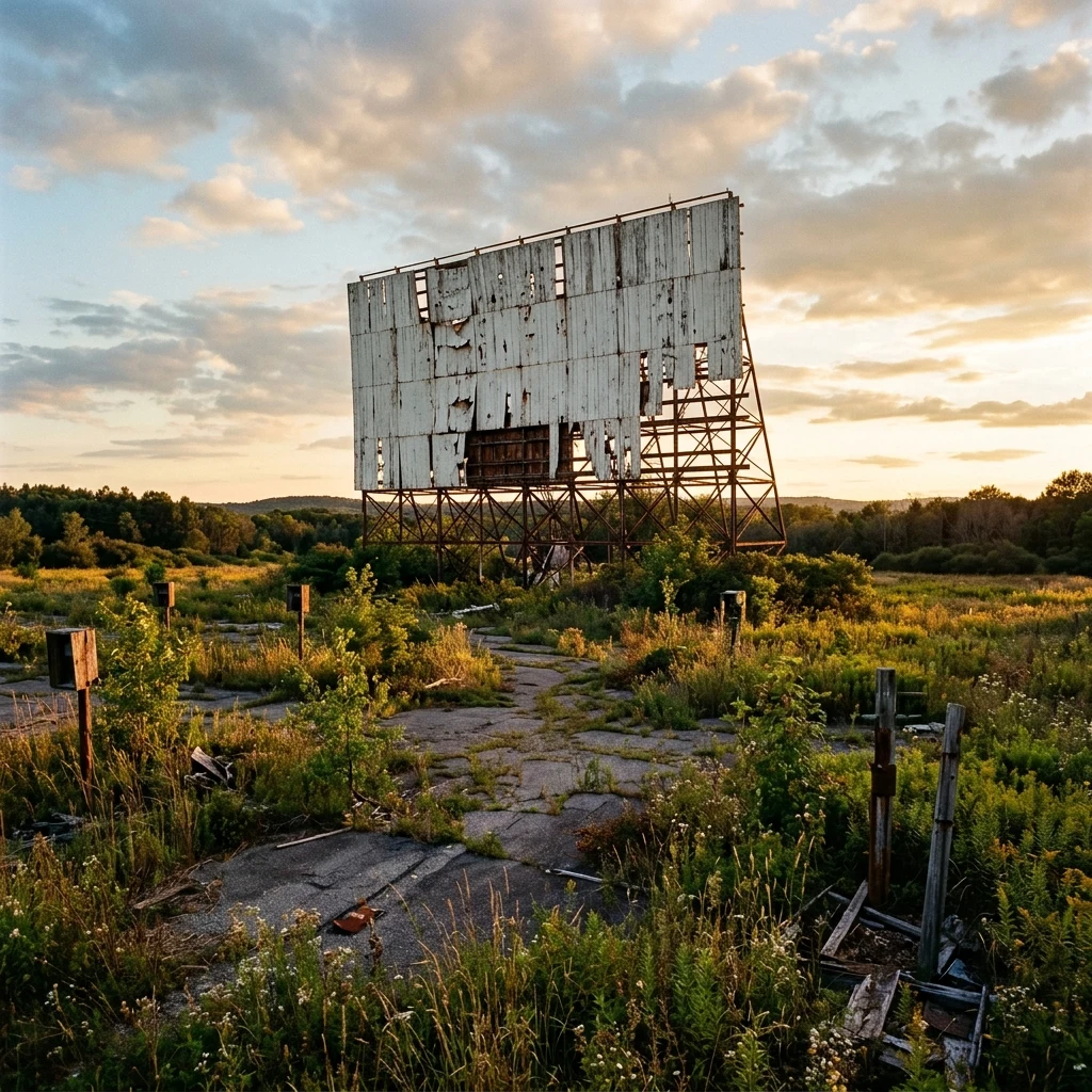 A forgotten drive-in movie screen rotting in an overgrown field