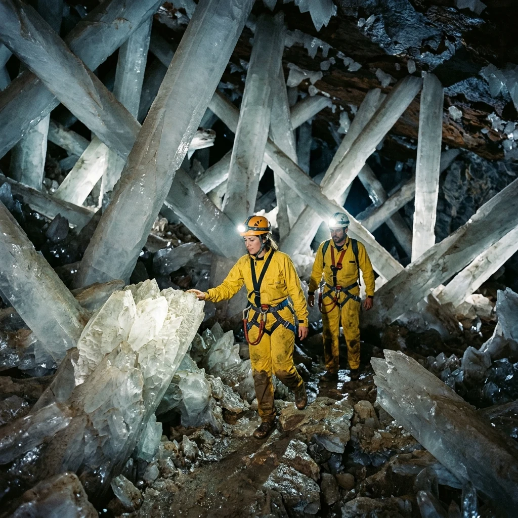 A team of speleologists in bright yellow drysuits navigating an underground crystal cave