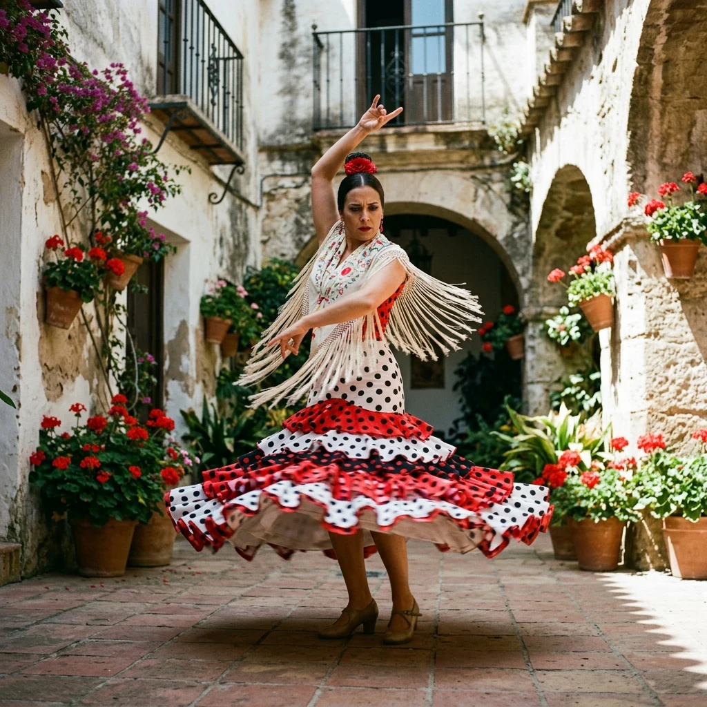 Dancer in a sunlit stone courtyard