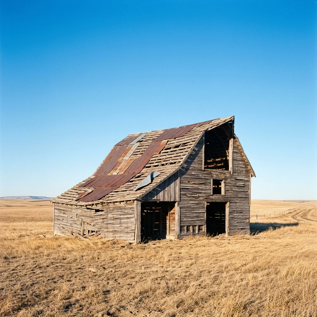 A sun-rotted wooden barn with a swayback roofline sagging toward the earth
