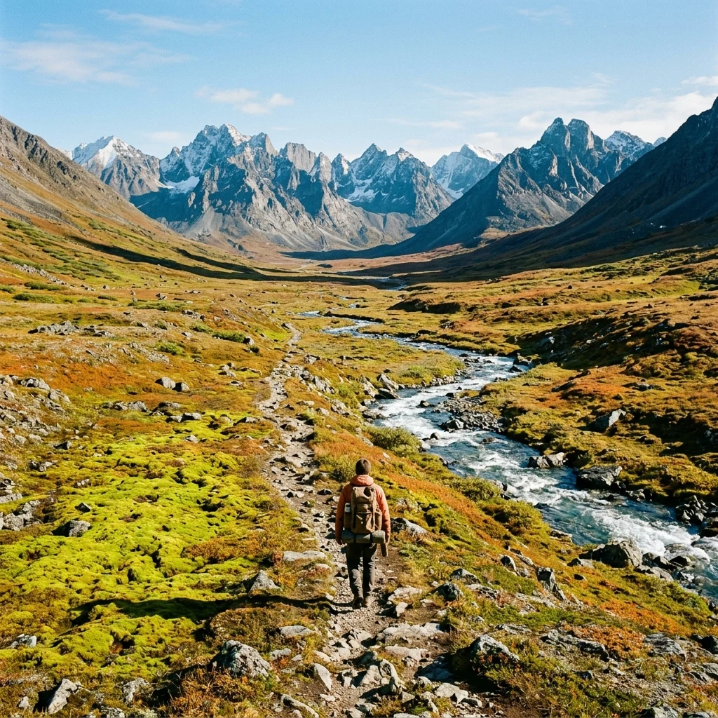 A lone hiker backpacking through a wide glacial valley in Torngat Mountains National Park