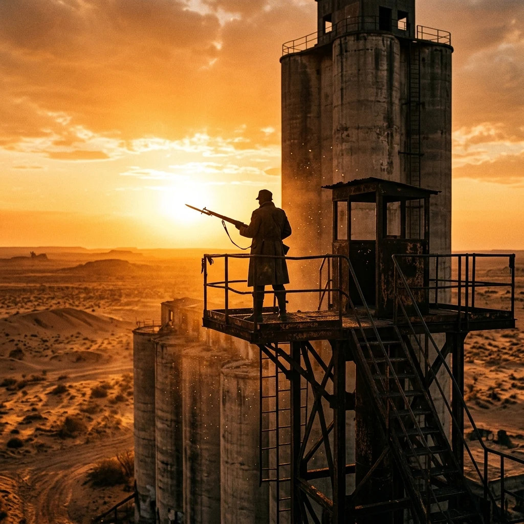 A rusted iron sentry tower built atop an abandoned concrete grain silo