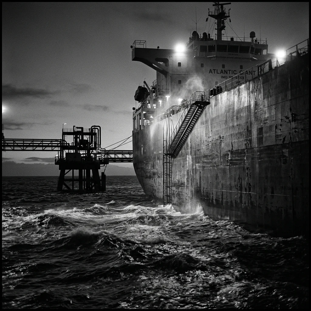 A super-tanker docked at an offshore oil terminal at dusk