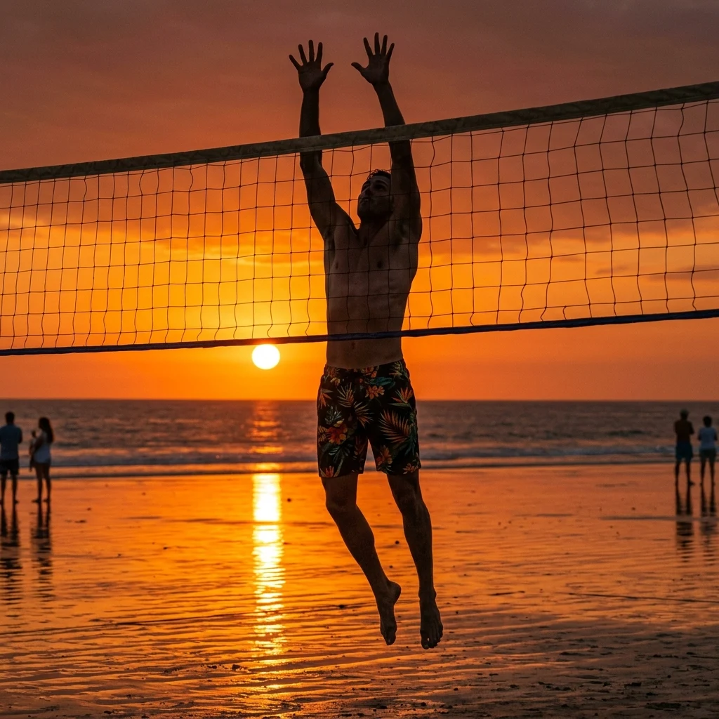 A male beach volleyball blocker in tropical print trunks jumping at the net with arms…