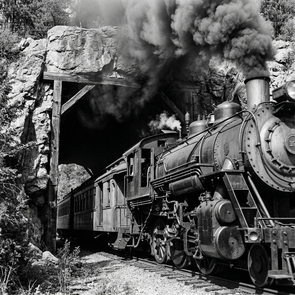 An historic steam locomotive pulling wooden passenger cars through a narrow granite…