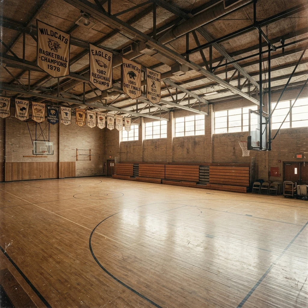 A faded 1980s yearbook photograph of an empty high school gymnasium