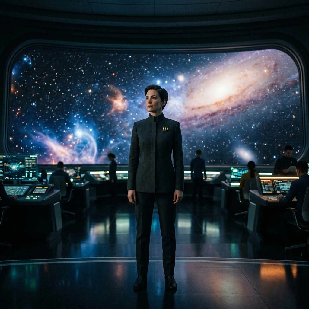 A high-ranking starship officer in a minimalist high-collared wool-blend uniform with…
