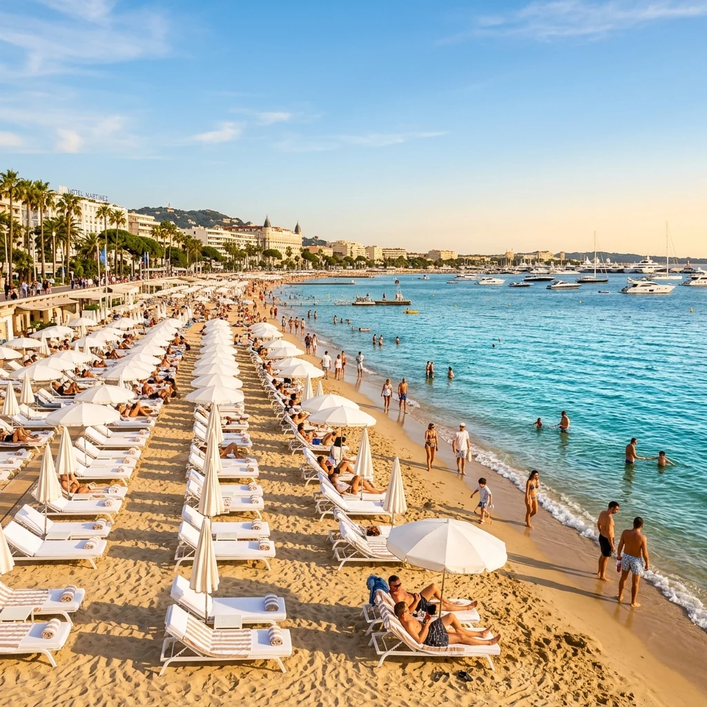 A crowded afternoon at the Plage de la Croisette in Cannes