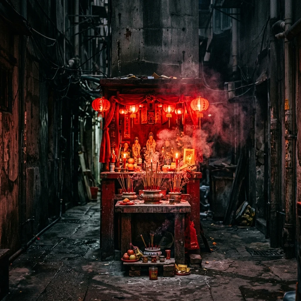 A dark alley inside Kowloon Walled City illuminated only by the red glow of a small…