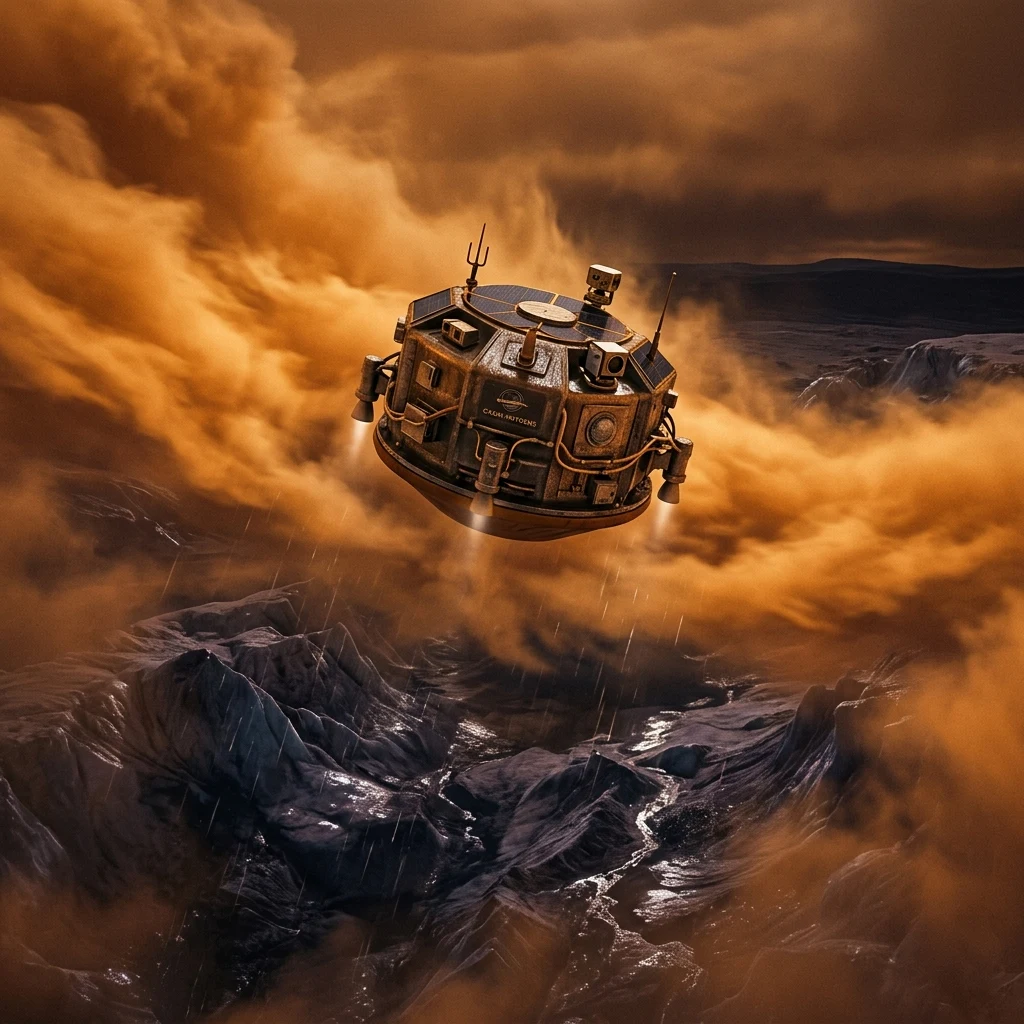 Robotic probe descending through orange clouds