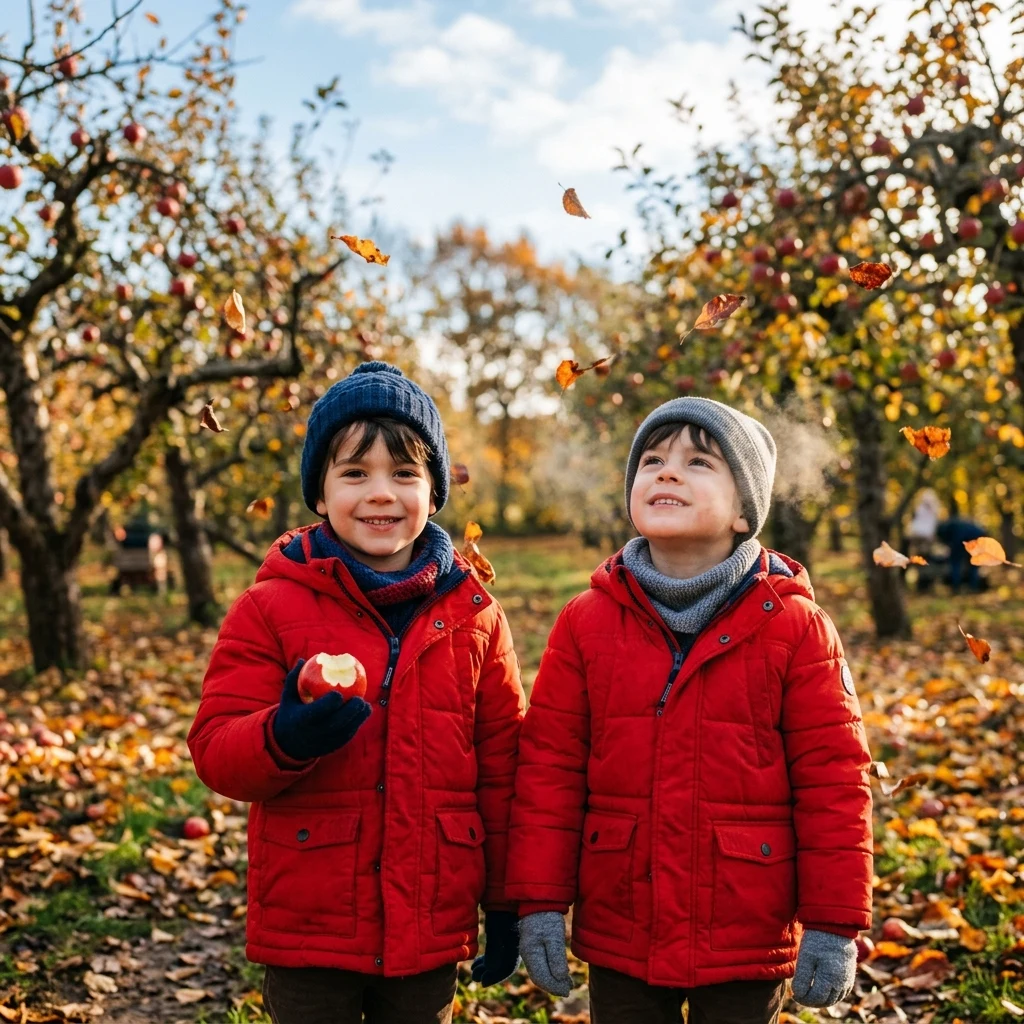 Twin brothers in an autumn apple orchard