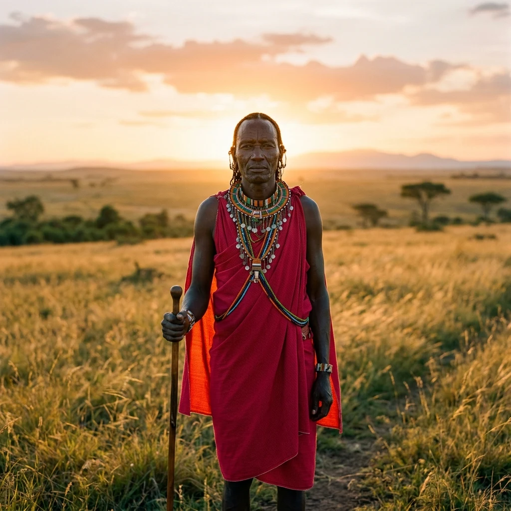 Person in traditional attire on golden savannah