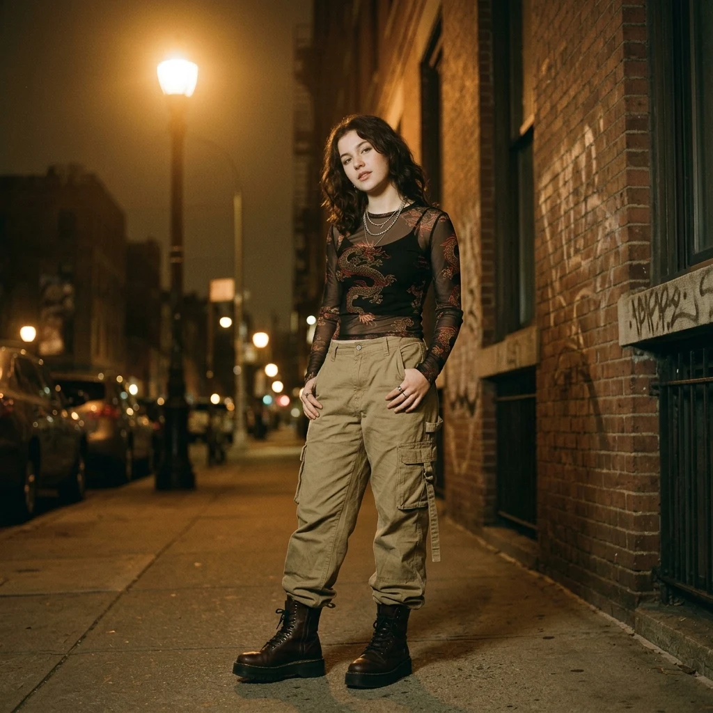 Streetwear fashion under a city streetlight