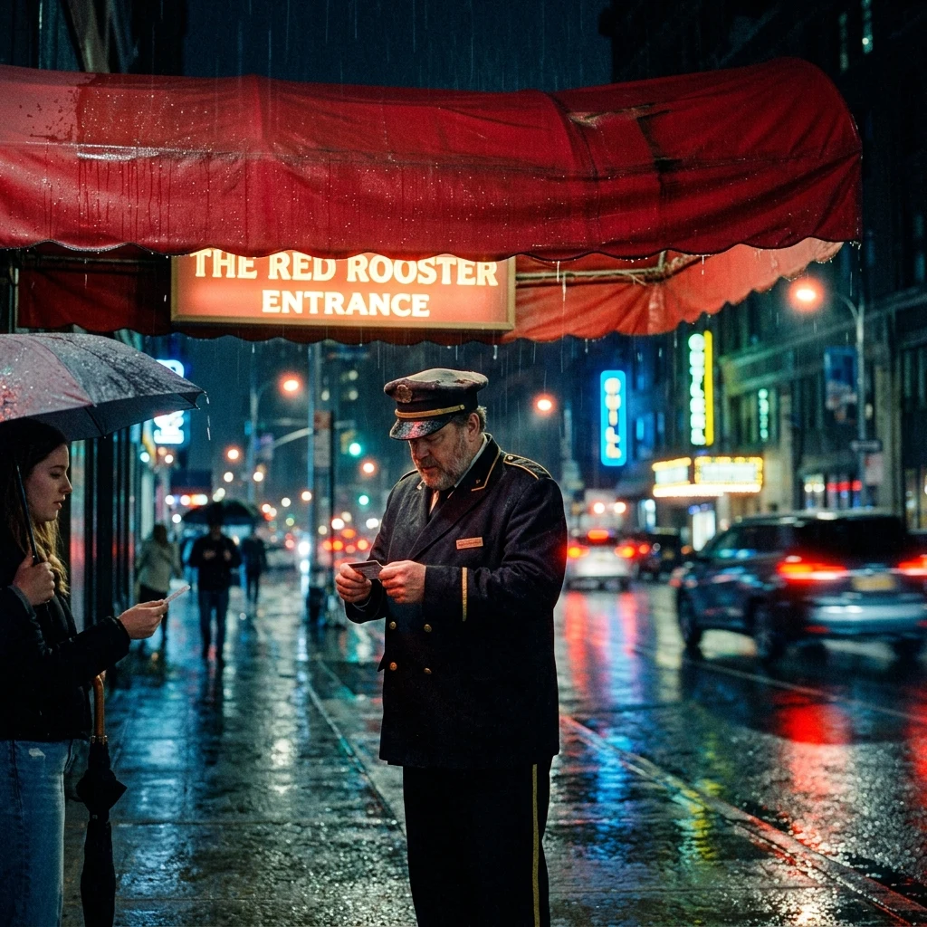 A doorman under a red awning checking IDs in the rain