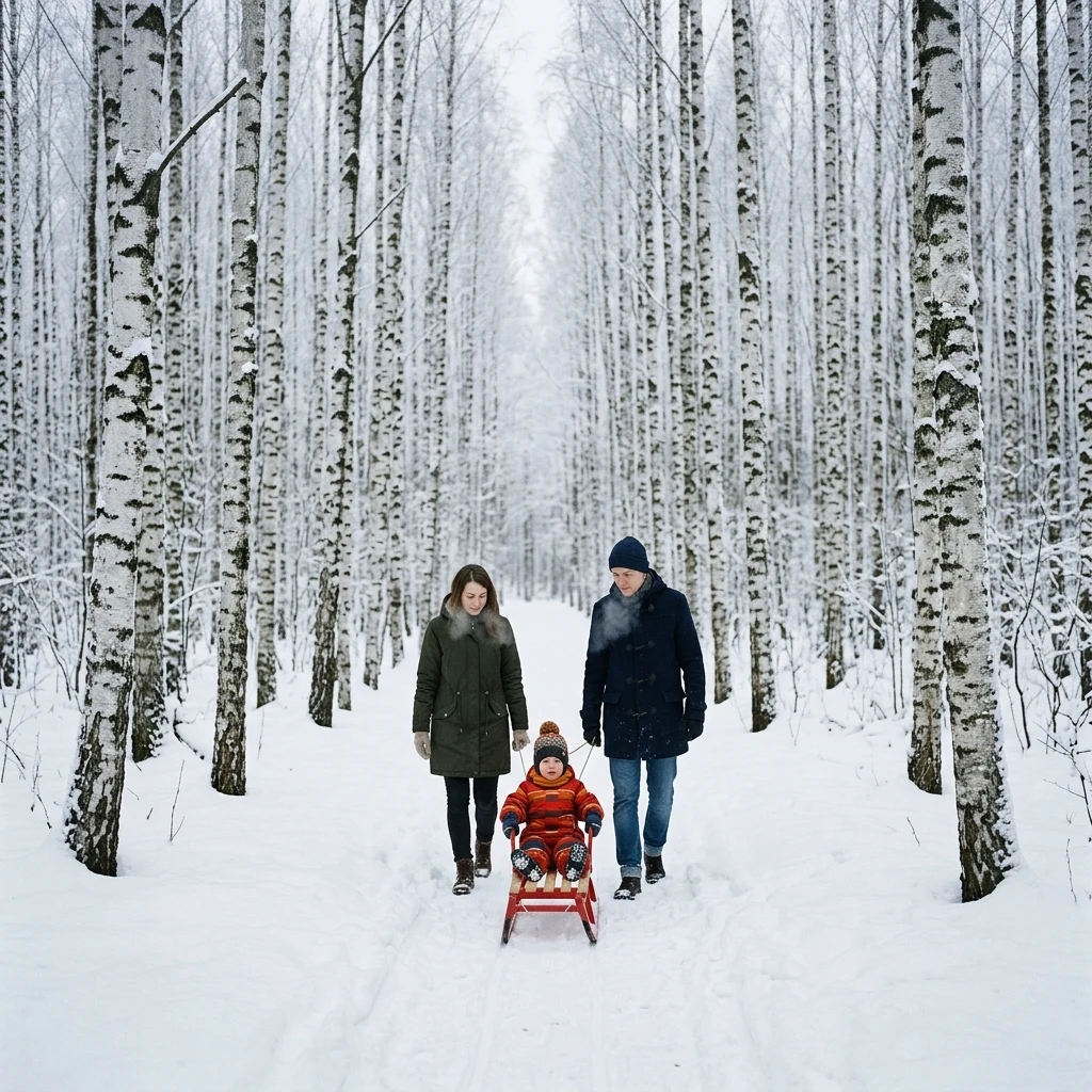 A family walking through a snow-covered birch forest in winter