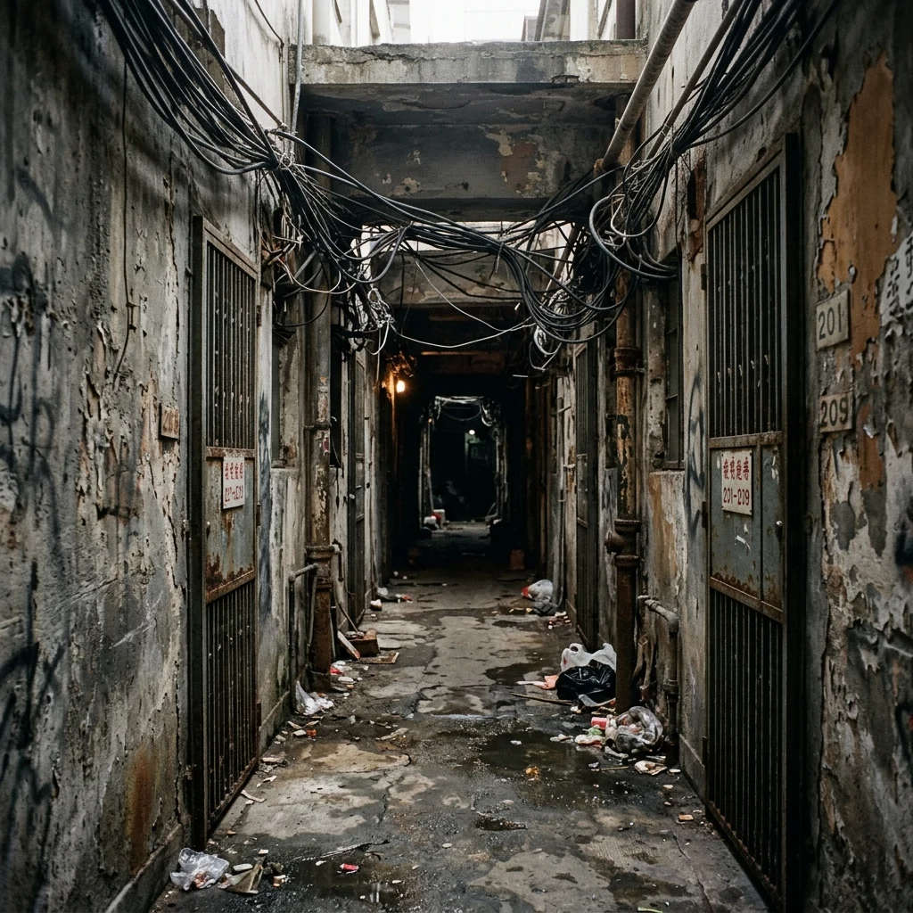 An interior hallway of Kowloon Walled City in flat afternoon daylight