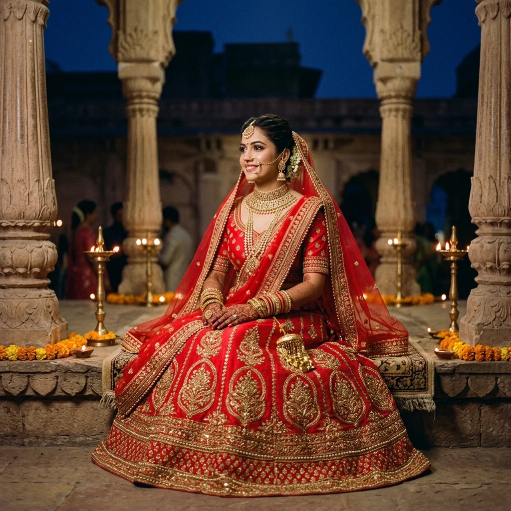 Person in traditional attire in stone courtyard