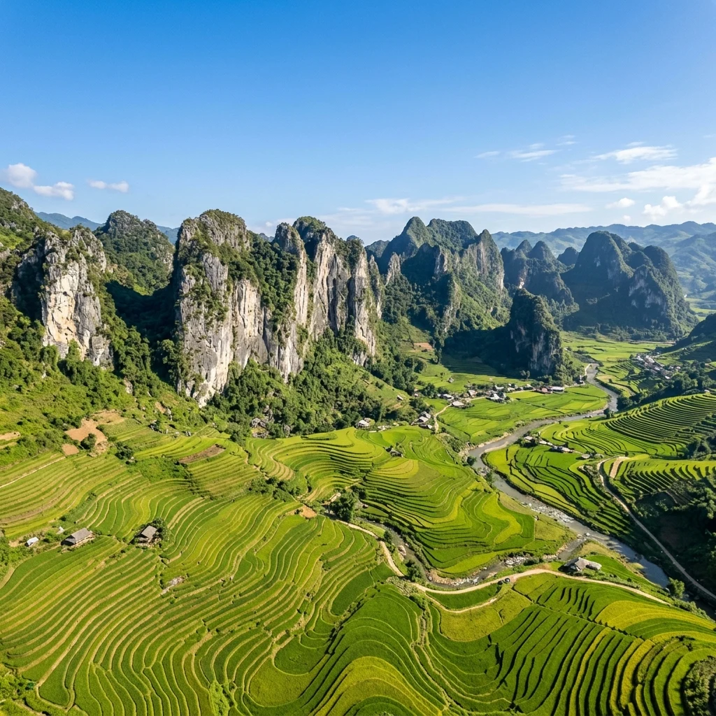 An aerial view of the jagged limestone karst plateau of the Khorat Massif