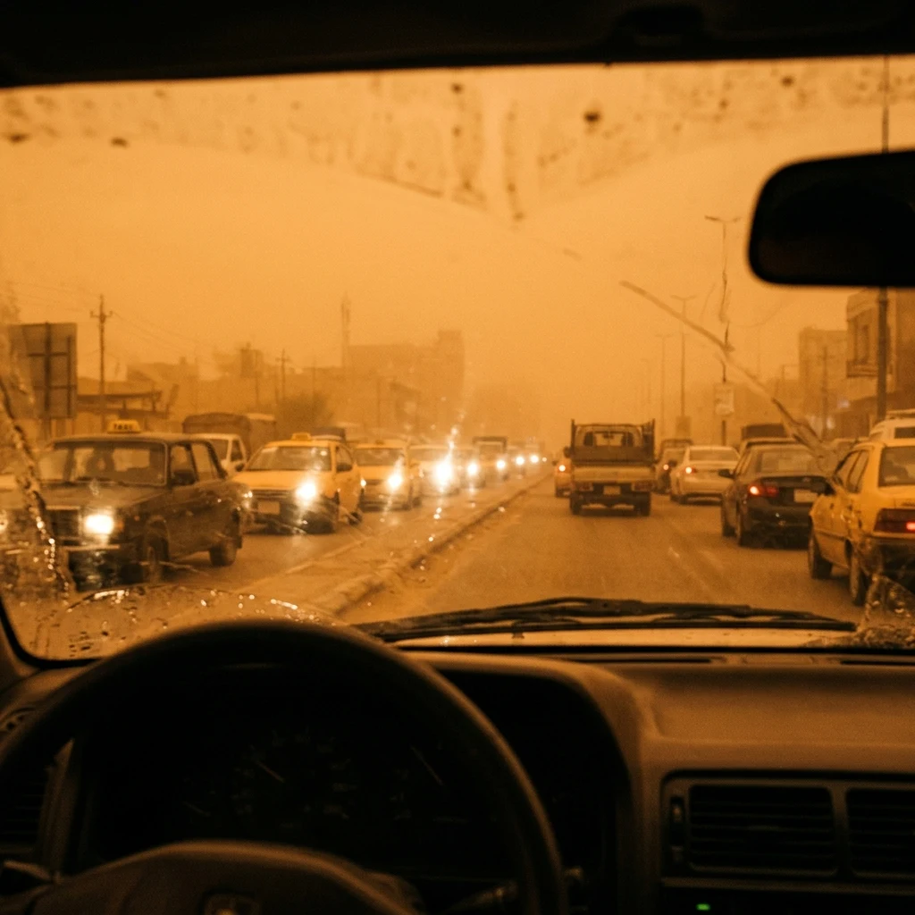 Driving through a dusty orange storm