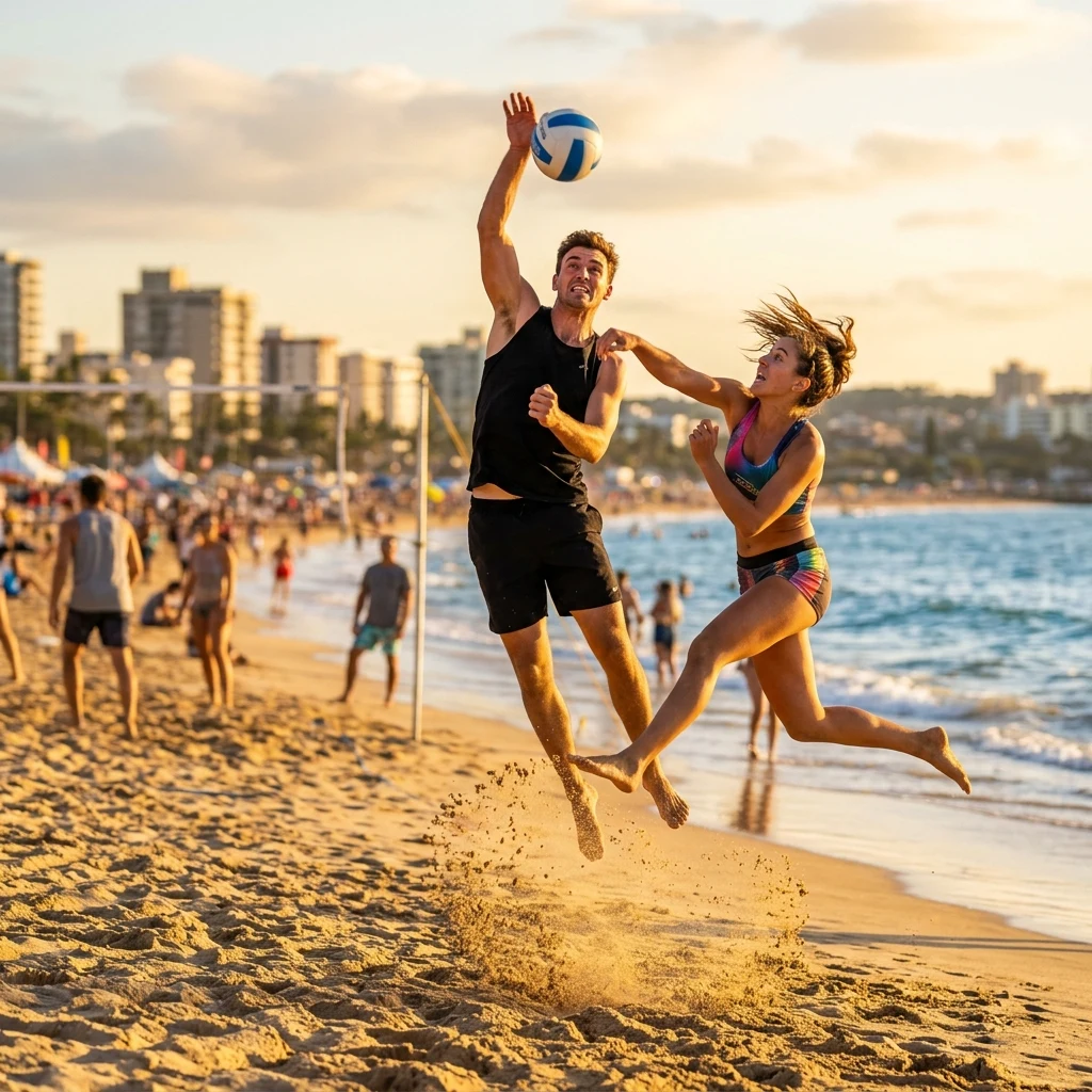 A group of young Ukrainian adults playing beach volleyball on Lanzheron Beach in Odesa