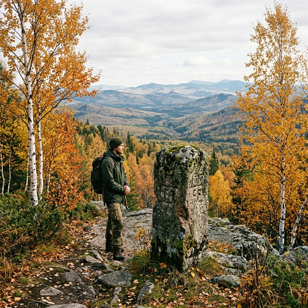A lone traveller standing by an ancient stone boundary marker in the Ural Mountains