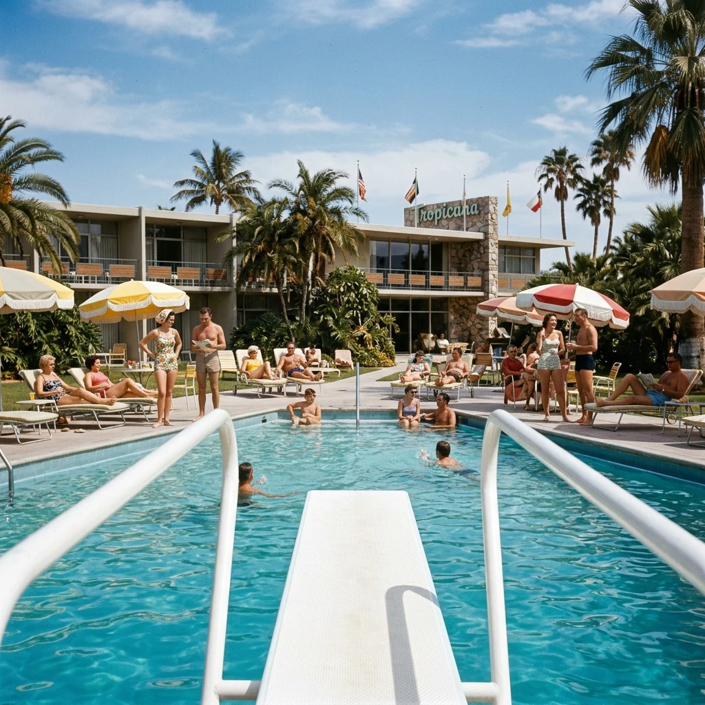 A 1962 travel brochure poolside scene on faded Ektachrome