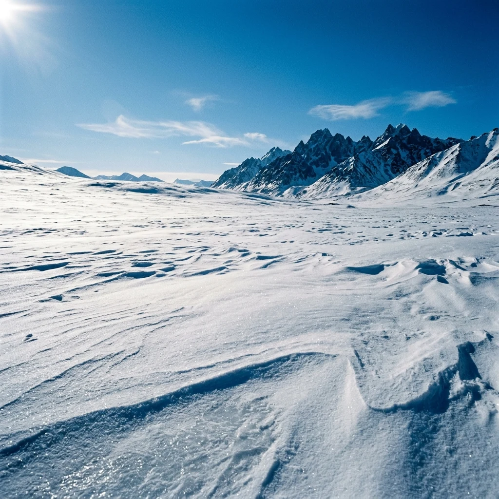 Vast snowy tundra under a bright sun