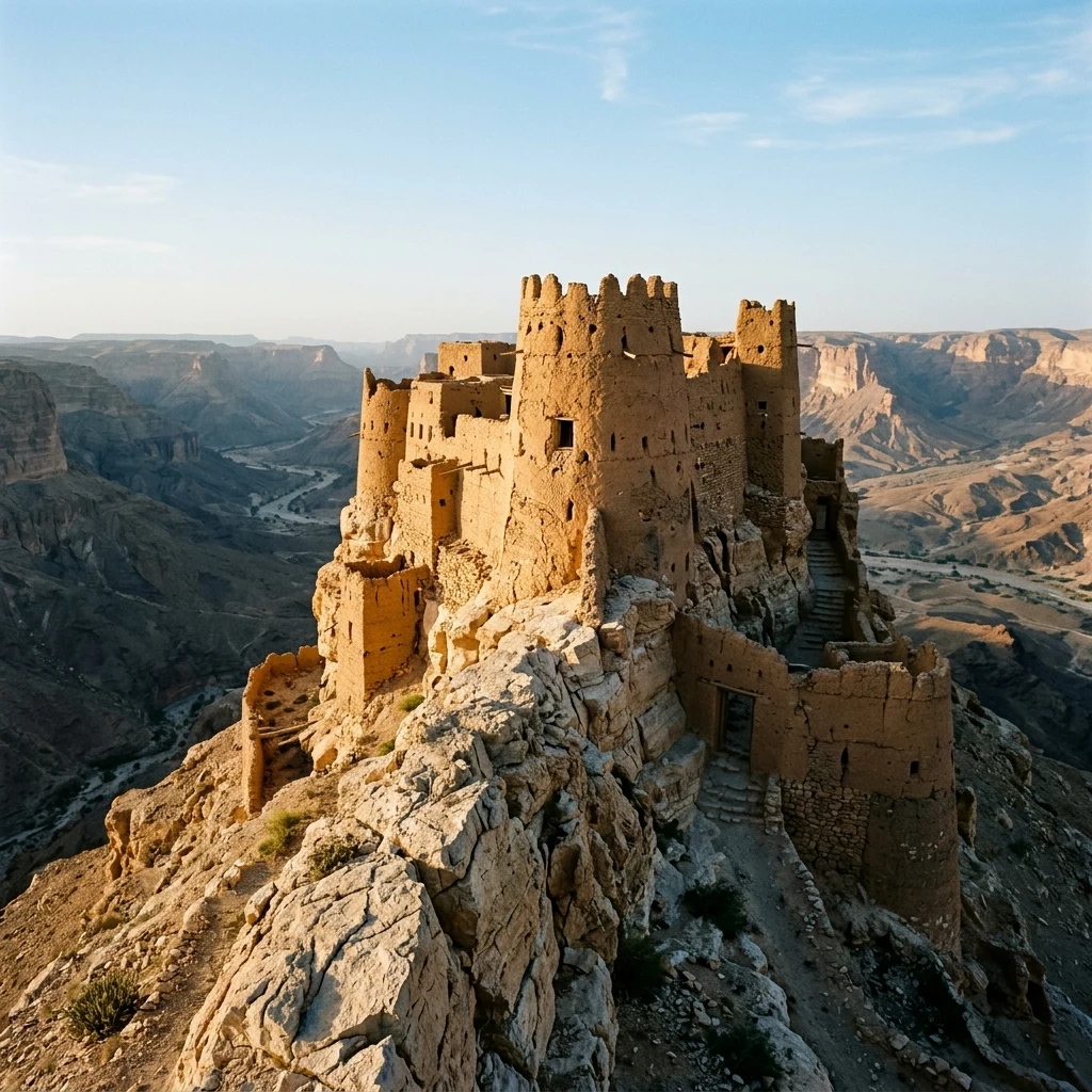 A ancient mud-brick fortress standing on a rocky outcrop overlooking a desert canyon