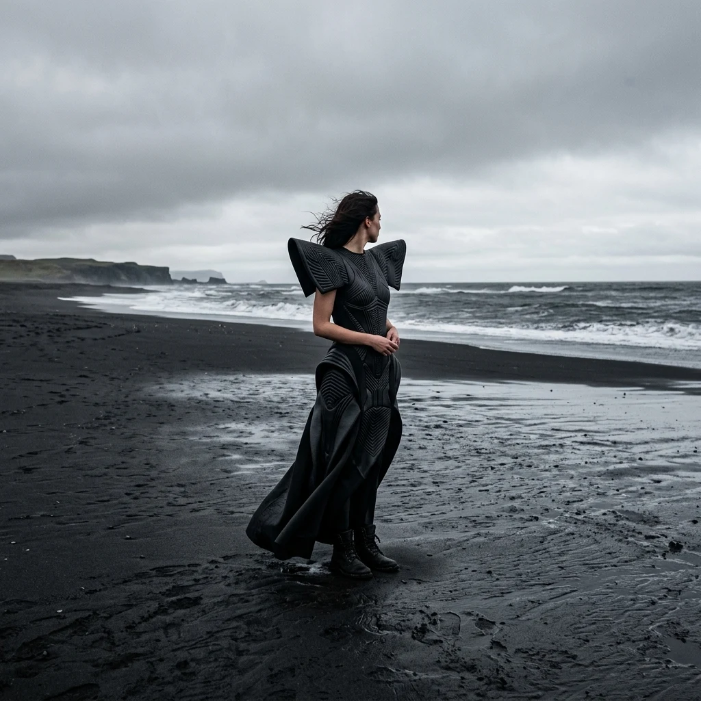 Avant-garde fashion on a volcanic beach