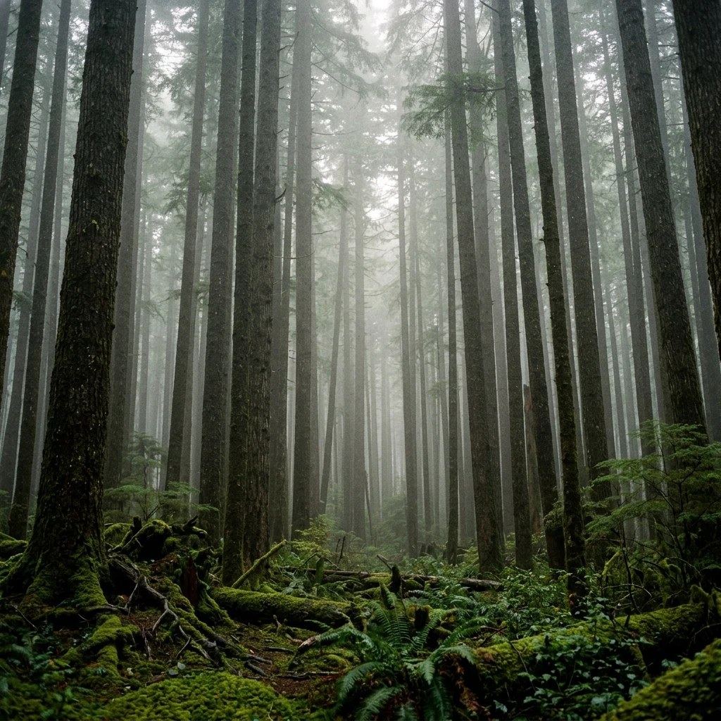 Thick mountain fog rolling through a dense old-growth Douglas fir forest in the Cascade…