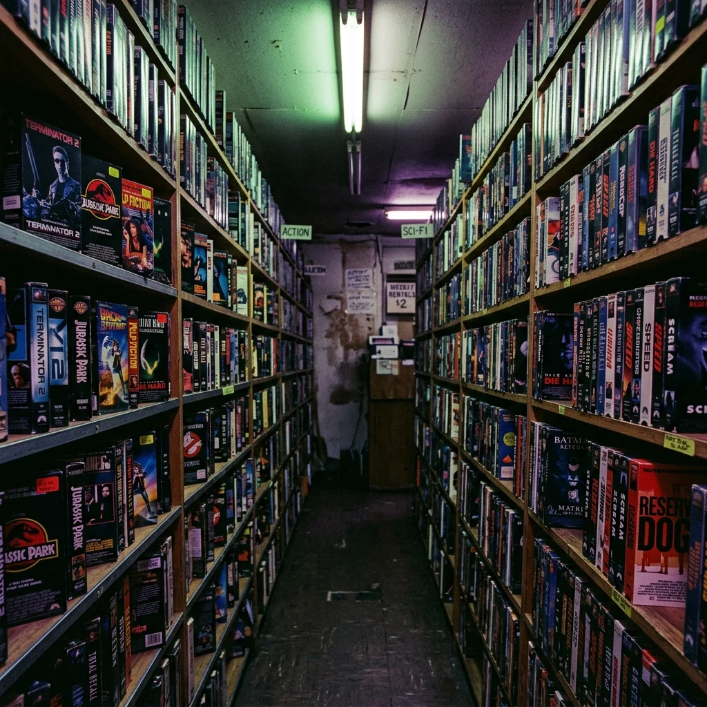 A retro video rental store aisle