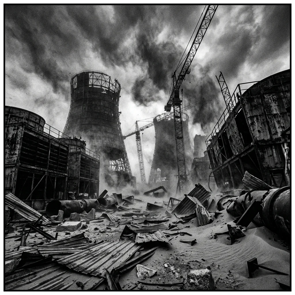 A blinding orange sandstorm sweeping through a ruined industrial factory yard