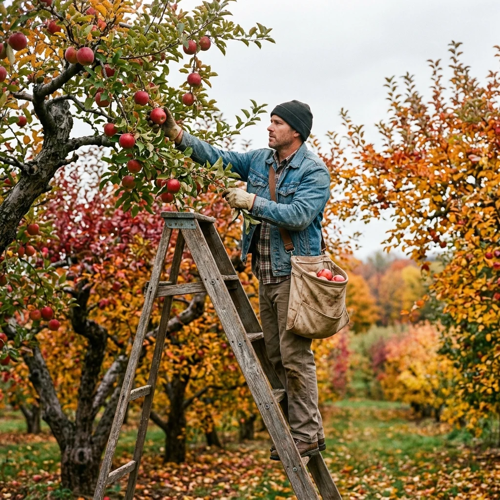 Apple pickers on wooden orchard ladders in October