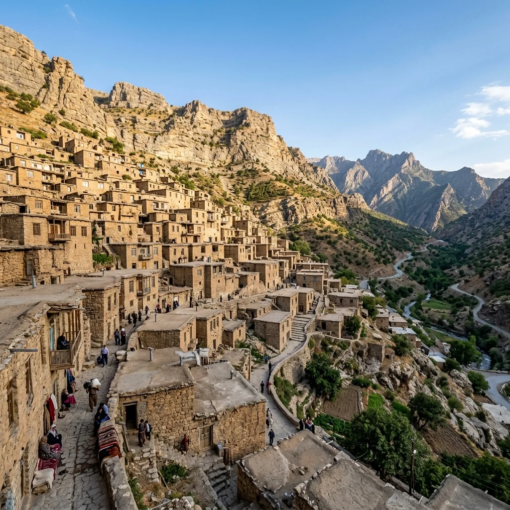 An ancient stone village built into the stepped limestone cliffs of the Zagros Mountains