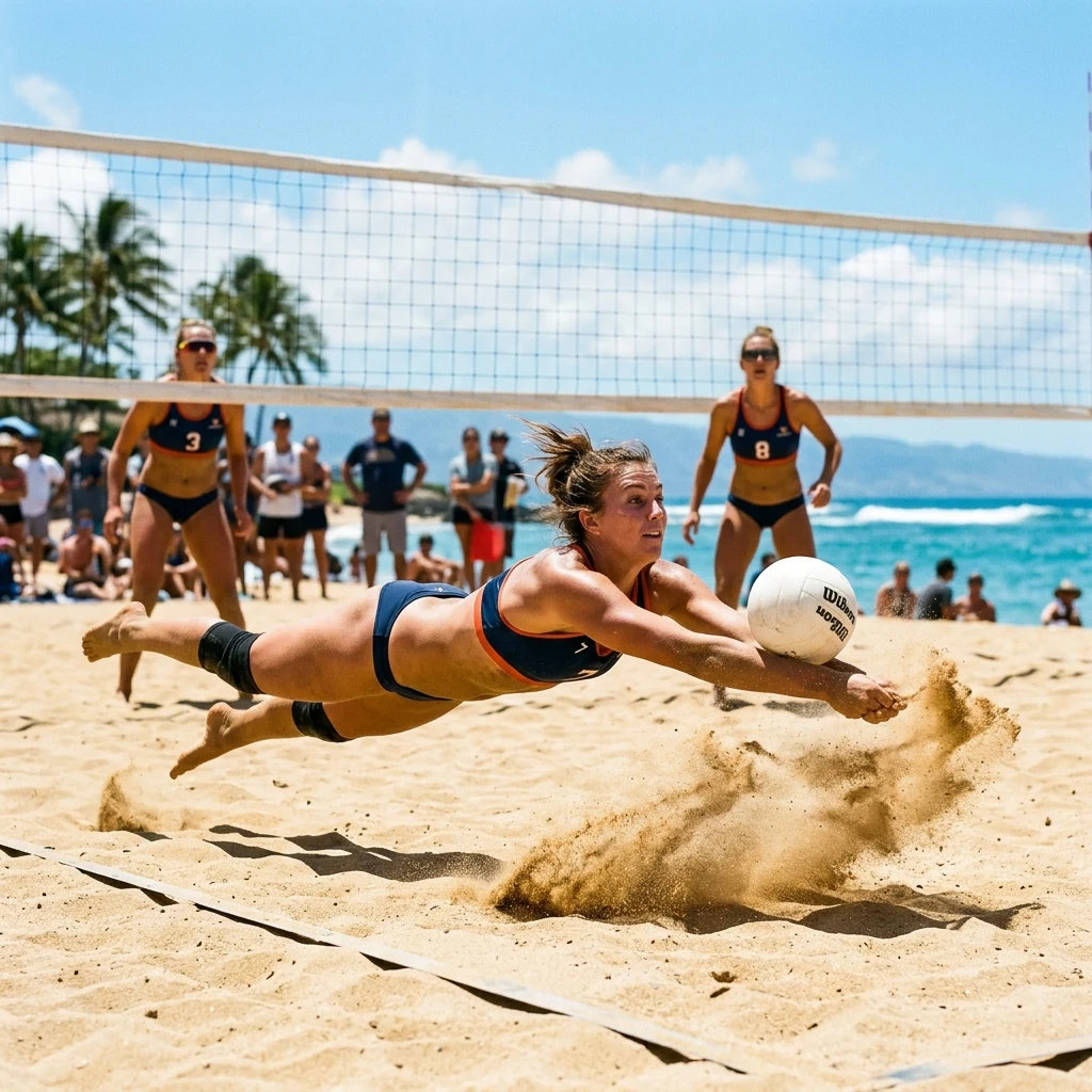 Volleyball player diving on the beach