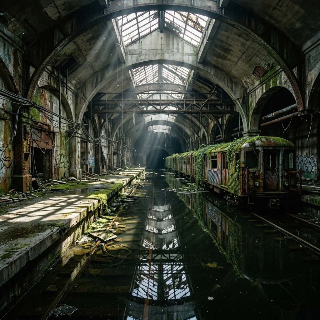 Abandoned subway station filled with water and moss
