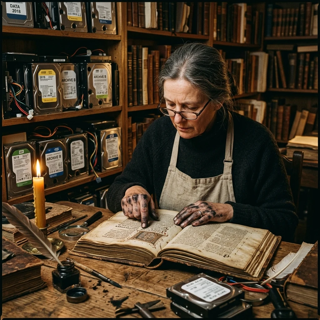 Archivist studying an old book by candlelight