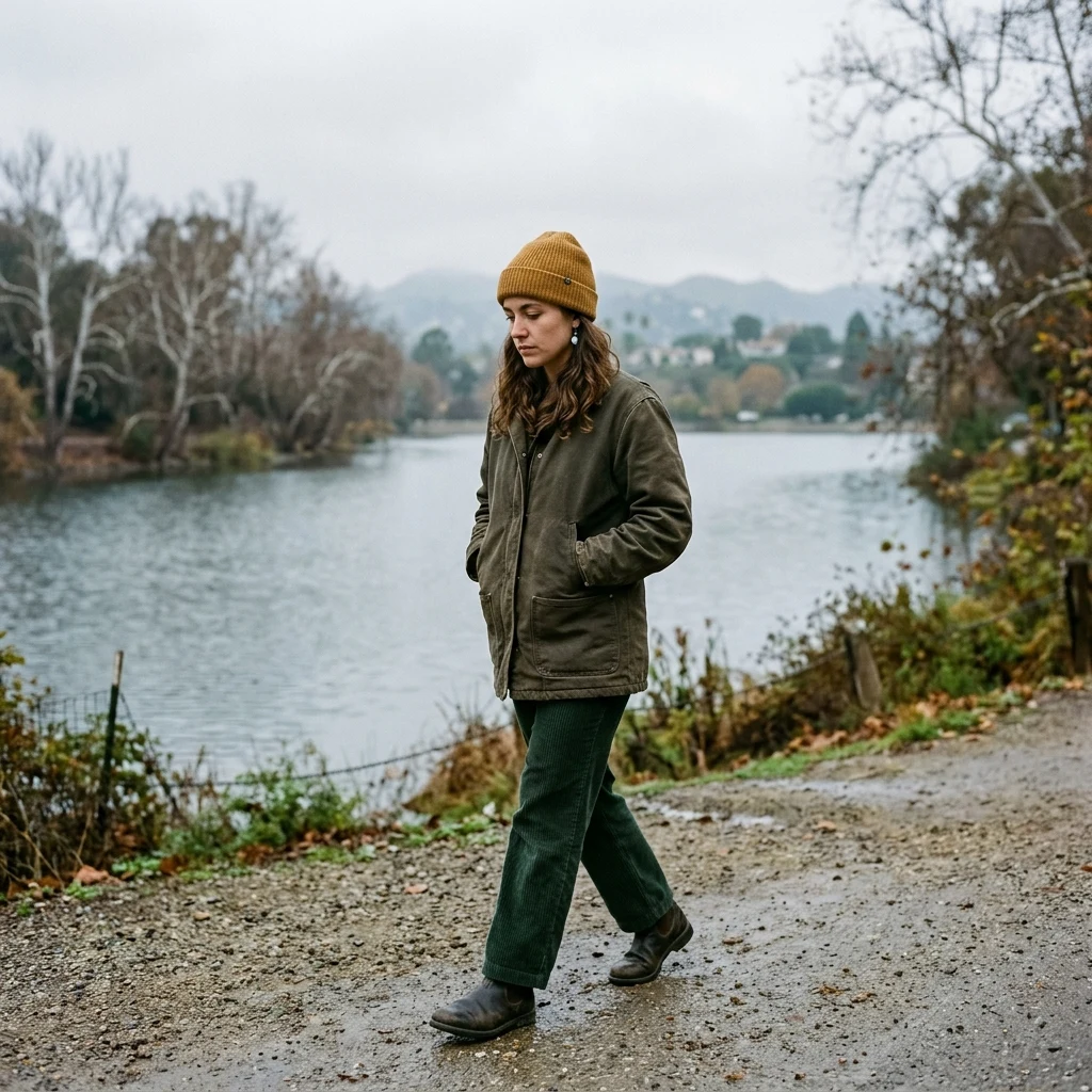 A woman in full workwear — barn coat