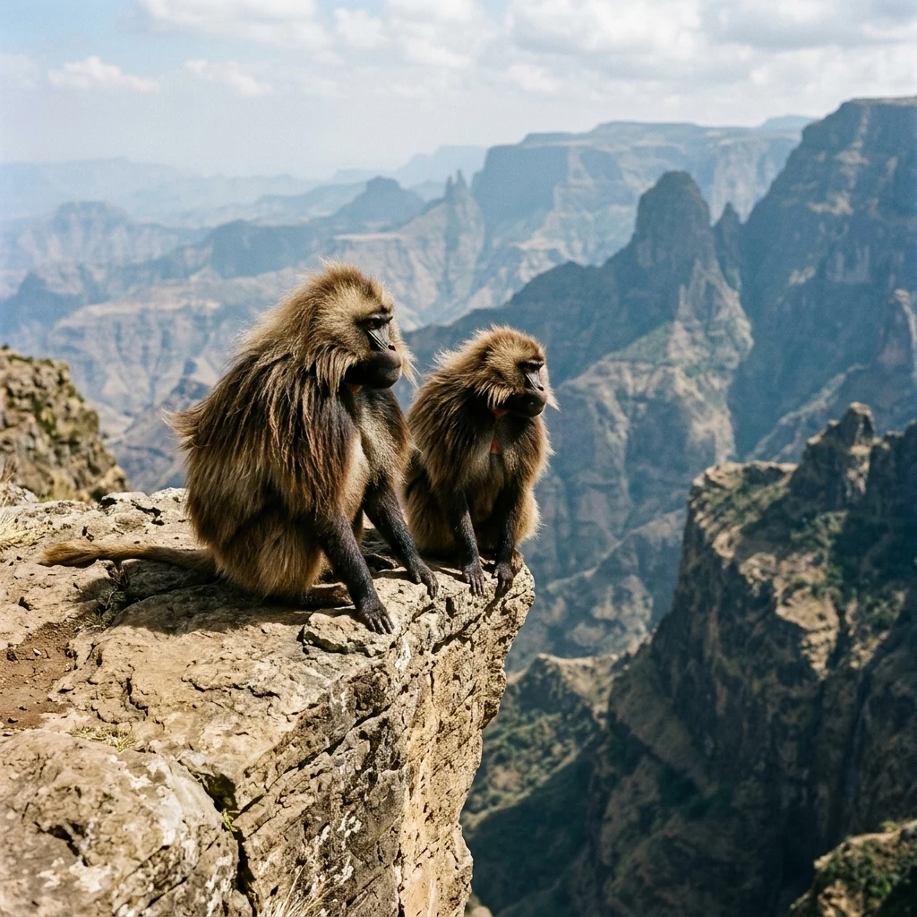 Monkeys resting on a mountain cliff
